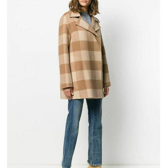 Theory Double Face Tan Wool Check Over Coat Small Overlay Brown Open Jacket